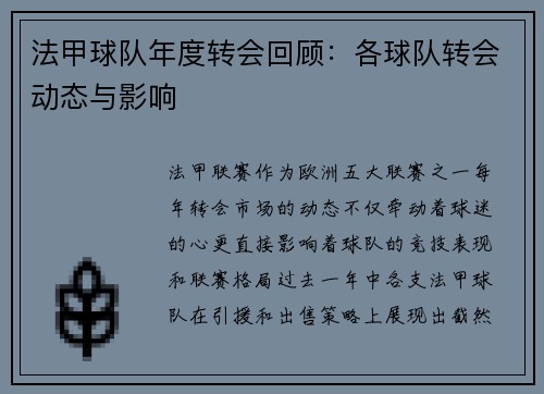 法甲球队年度转会回顾：各球队转会动态与影响